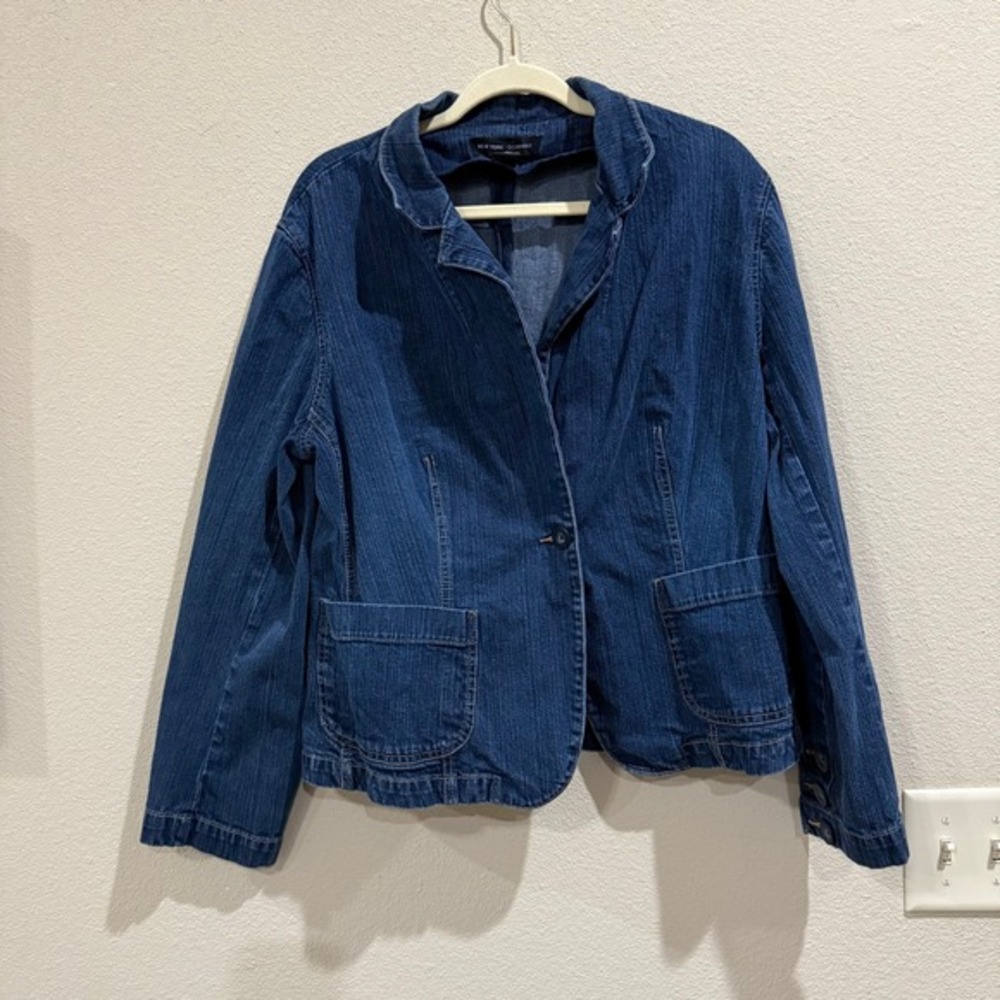 New York Company Womens Blue Denim Jean Blazer Jacket SZ 18 Button Front Pockets